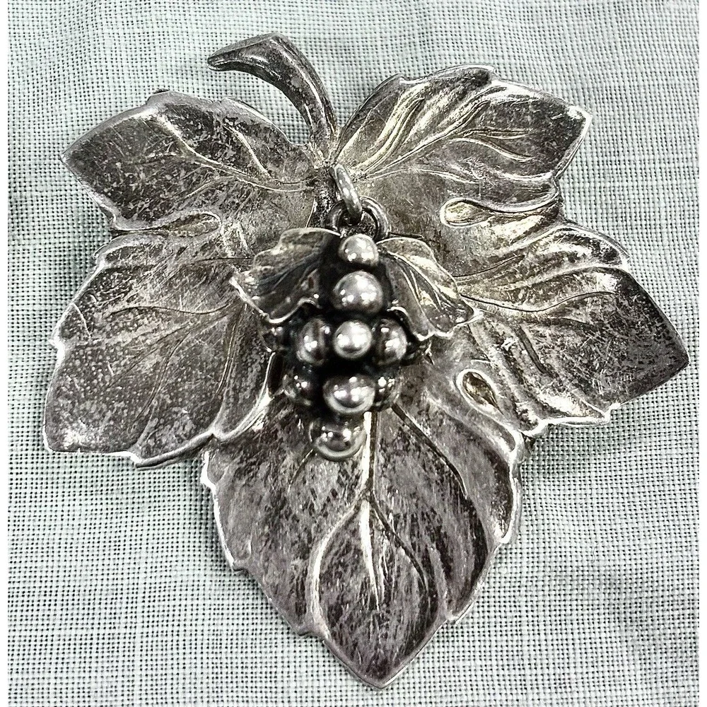 Vintage COF 830 Silver Grape Leaf Brooch Large Scandinavian Leaf Pin